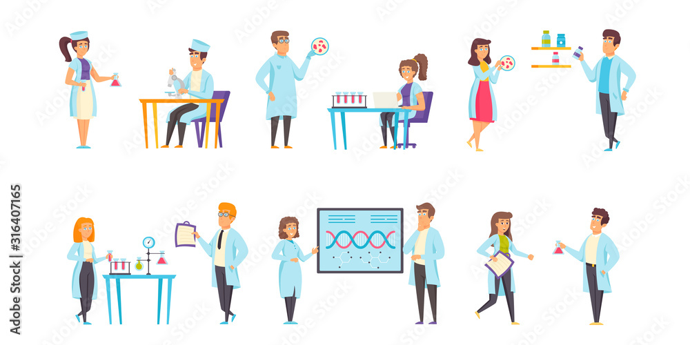 Medical laboratories flat vector illustrations set. Experiment, scientific research scenes bundle. Scientists and assistants, chemists, people in medical gowns cartoon characters collection