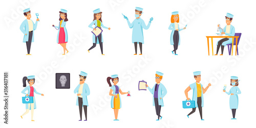 Medical staff flat vector illustrations set. Consultation, analysis, examination scenes bundle. Clinic personnel, doctors and nurses, people in medical gowns cartoon characters collection