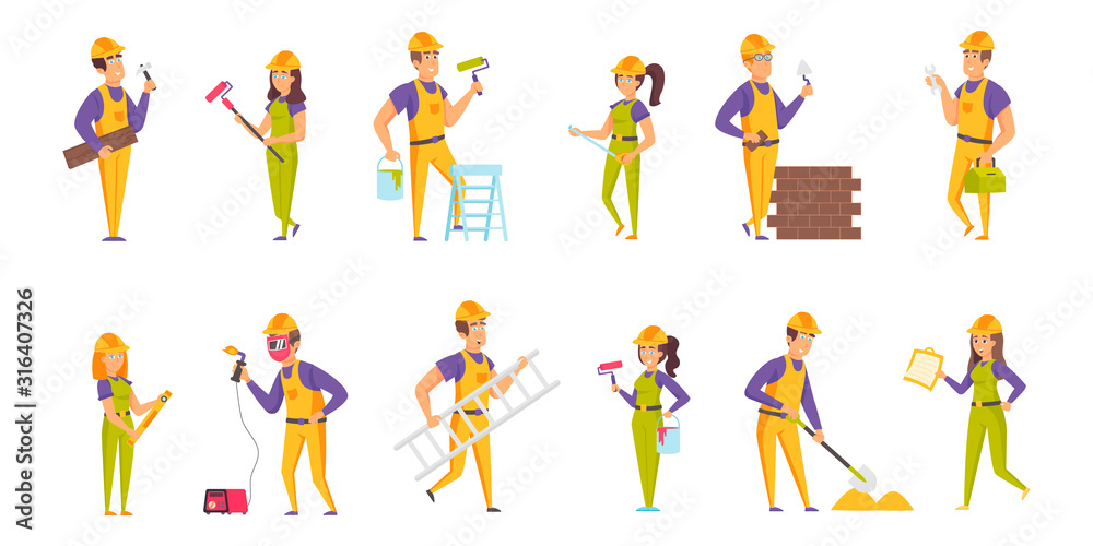 Builders flat vector illustrations set. Welding, wall putty and painting scenes bundle. Male and female constructors, people in helmets and uniform, foremen cartoon characters collection