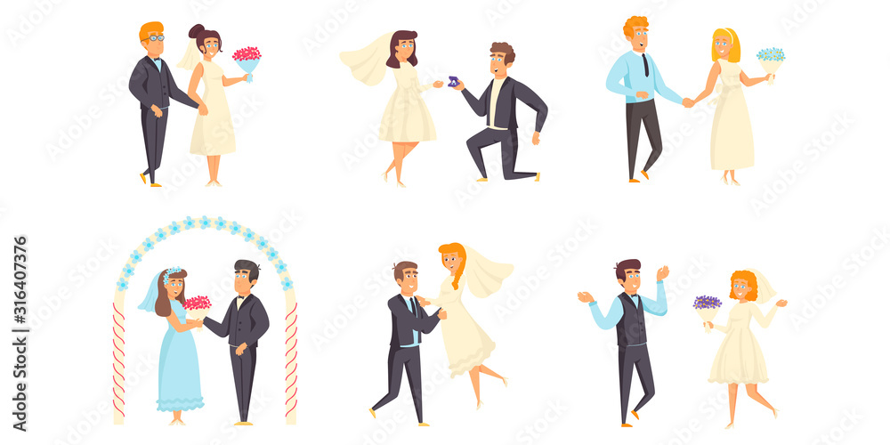 Wedding flat vector illustrations set. Marriage scenes bundle. Enamored people, fiance and fiancee, just married, grooms and brides with flower bouquets cartoon characters collection