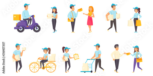 Mail delivery flat vector illustrations set. Post, letters and parcels transportation scenes bundle. Male and female couriers, people with packages, postmen cartoon characters collection
