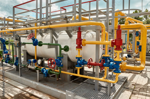 Gas industry. Pipeline and tank system. Tanks for storing liquefied gas and gas condensate at a gas production and processing plant