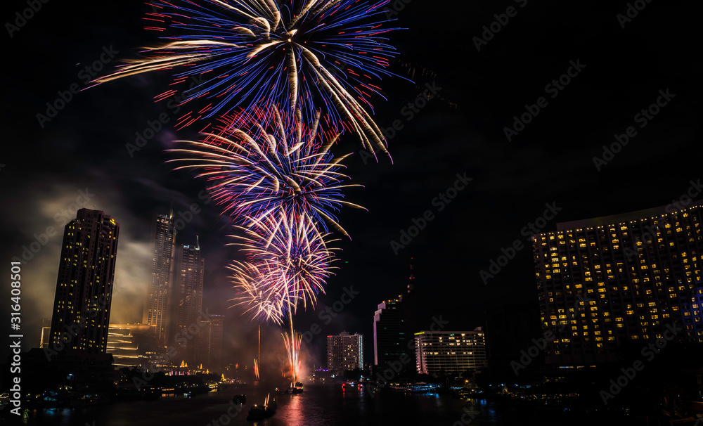New Year's celebration fireworks in Bangkok city.