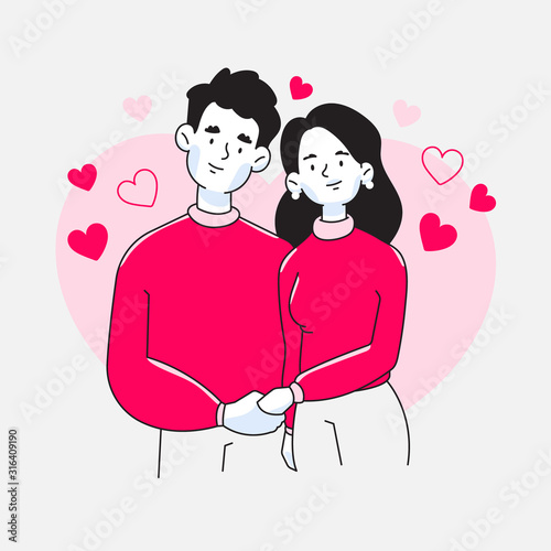 Couple standing together, man or husband and girl or wife holding hands of each other, valentine's day vector illustration