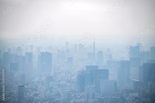Fototapeta Naklejka Na Ścianę i Meble -  dust during daytime in a very polluted city - in this case Tokyo, Japan. Cityscape of buildings with bad weather from Fine Particulate Matter. Air pollution.