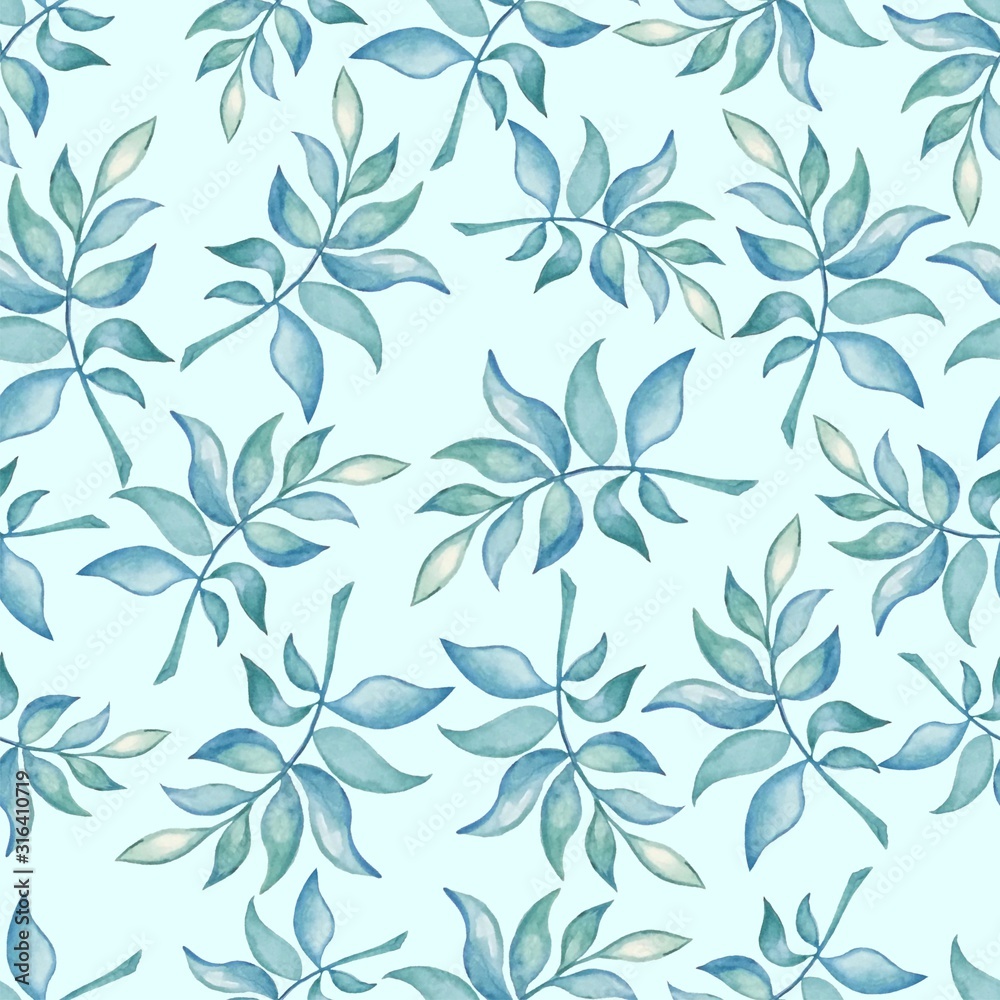Watercolor seamless pattern with leaves and branches.  Green plants on a blue background.  Design for fabric, wallpaper, napkins, textiles, packaging, backgrounds, banners for the site, background for