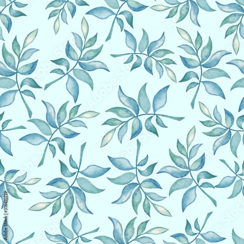 Watercolor seamless pattern with leaves and branches. Green plants on a blue background. Design for fabric, wallpaper, napkins, textiles, packaging, backgrounds, banners for the site, background for