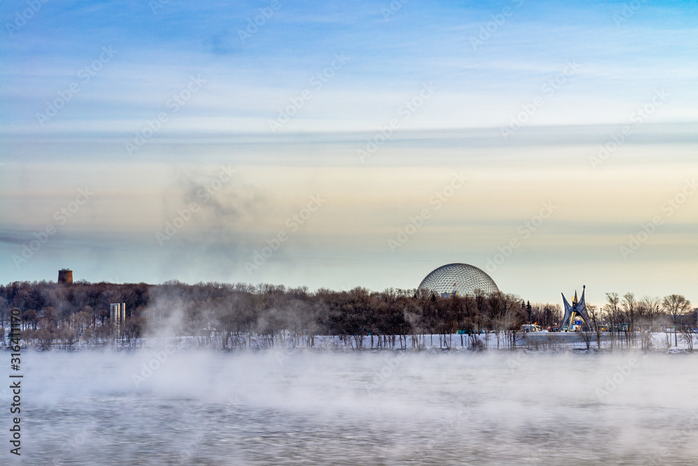 Parc Jean Drapeau, park showing bio dome, ice flow and misty water