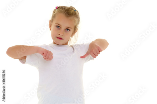 Little girl in a white T-shirt.