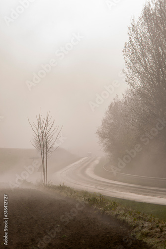 France. Picardie. Somme. Route de campagne dans la brume. Country road in the mist