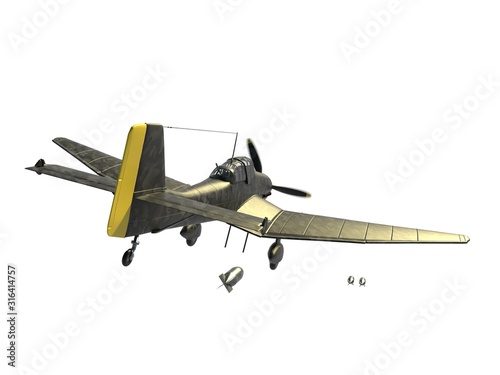3D rendering of a world war two german dive bomber diving.