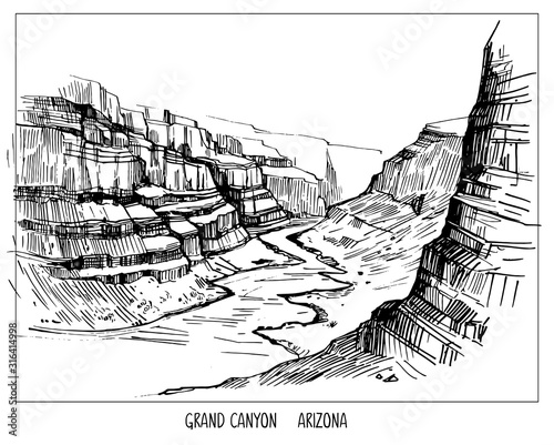 Grand canyon. Landscape of USA. Hand drawn ink sketch converted to vector. Shape isolated with transparent background