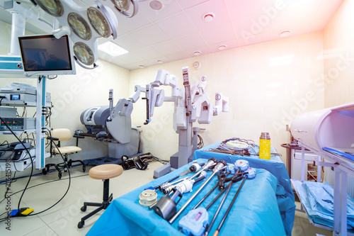 Medical devices  Interior hospital design concept. Interior of operating room in modern clinic  screen with tests closeup