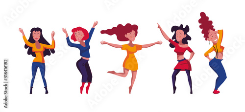 Dancing girls on an isolated background. Funny women moving to music in flat style