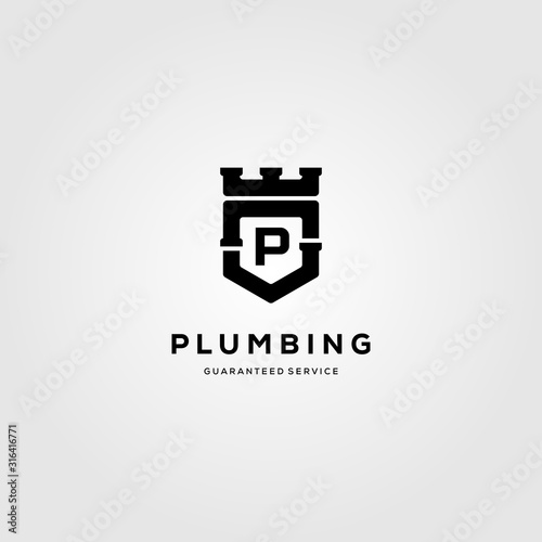 vintage plumbing service logo crown shield vector illustration design