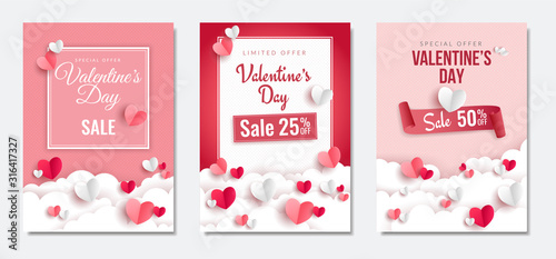 Valentine s day Sale posters set. 3d red and pink paper hearts. Cute love sale banners or greeting cards. Vector illustration. 