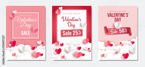 Valentine's day Sale posters set. 3d red and pink paper hearts. Cute love sale banners or greeting cards. Vector illustration. 