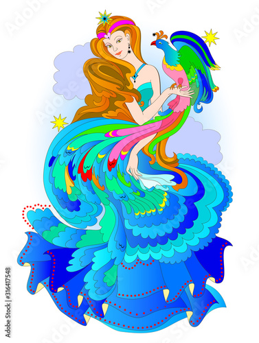 Illustration of fairyland eastern princess with magic fire-bird. Book cover for children fairy tale. Beautiful girl. Print for carnival festival or beauty and fashion party. Vector cartoon image.