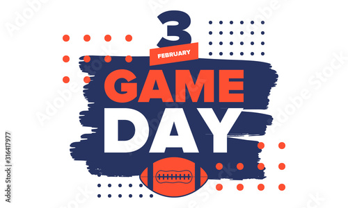 Game Day. American football playoff. Super Bowl Party in United States. Final game of regular season. Professional team championship. Ball for american football. Sport poster. Vector illustration