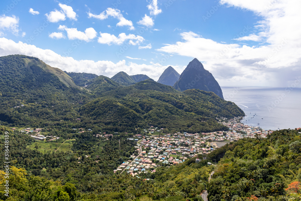 Soufriere, Saint Lucia, West Indies - View to the city and the Pitons