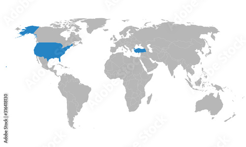 Fototapeta Naklejka Na Ścianę i Meble -  Turkey, US map highlighted on world map. Gray background. Business concepts trade, economic foreign relations.