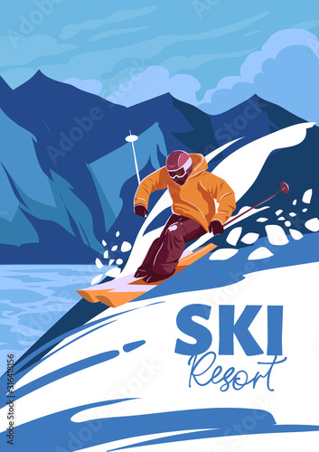 Skier on mountains, freeride, ski resort. Vector illustration