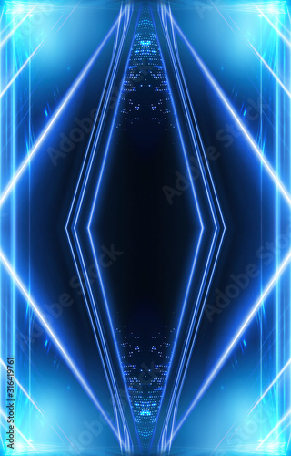 Tunnel in blue neon light  underground passage. Abstract blue background. Background of an empty black corridor with neon light. Abstract background with lines and glow