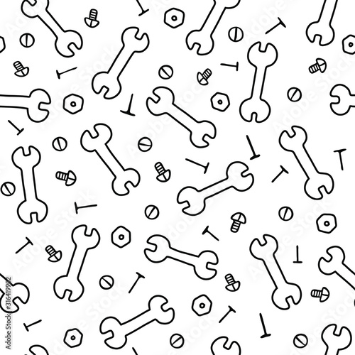 Wrench, nail, screw isolated seamless hand draw pattern . llustration on the theme of renovation, installation and tools for repair.