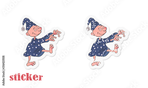 Cartoon character suffering from sleepwalking walks in a dream. Vector illustration in the form of a sticker.