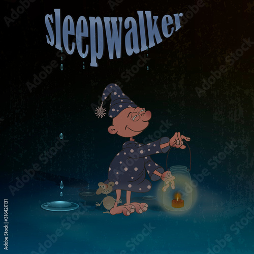 A cartoon character suffering from sleepwalking stands in the dark and holds a makeshift lamp in his hand. Vector illustration with shabby background.