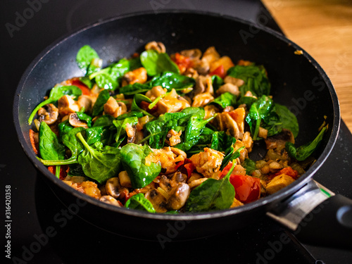 OLYMPUS DIChampignon mushrooms fried with spinach, meat, tomato and onion in panGITAL CAMERA
