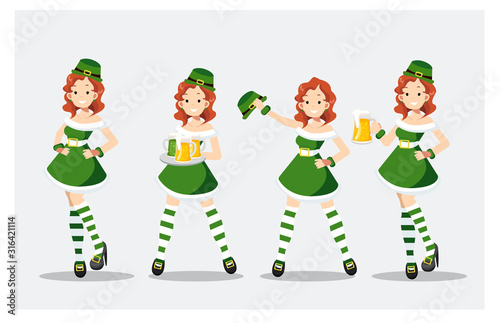Set of St Patrick's day Girl in green costume. Cheerful beautiful Irish young woman. Waitress dressed in green with beer mugs.flat style