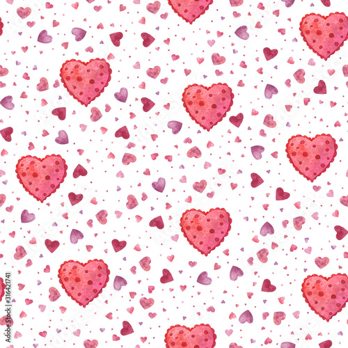 Watercolor hearts seamless pattern for Valentine's day or wedding or birthday. Pink romantic drawing of watercolor hearts on a white background