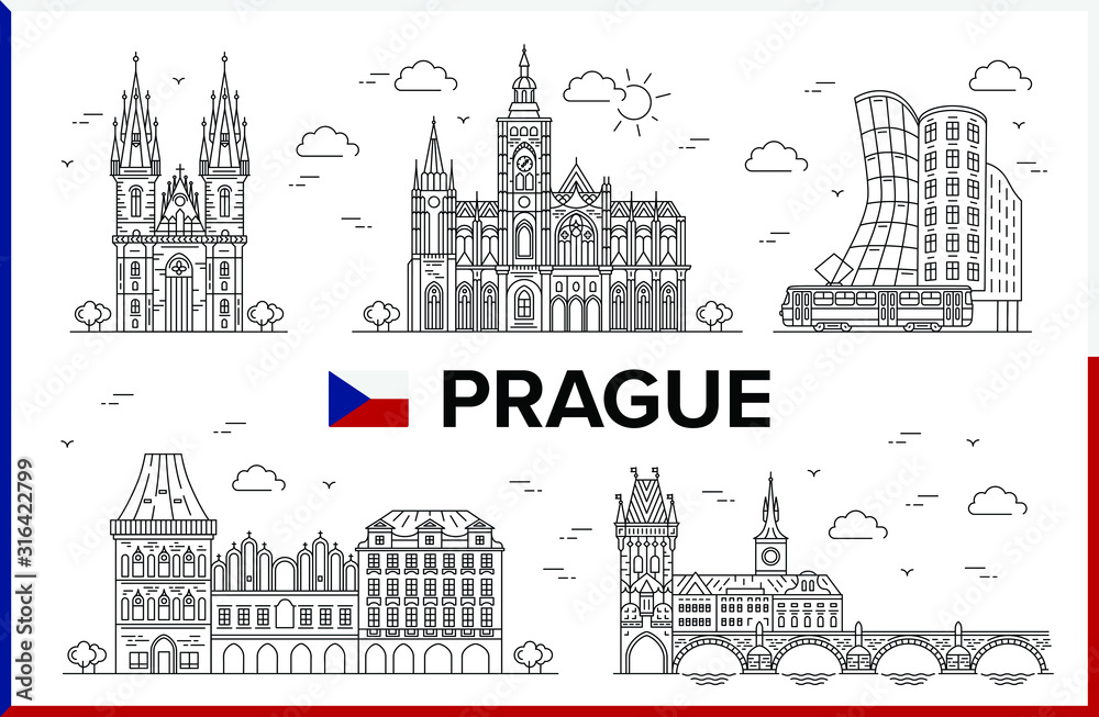 Prague, Czech Republic. Old Town Square, Charles Bridge, Church of Mother of God (Our Lady) before Tyn, St. Vitus Cathedral, Dancing House, buildings and city sights. Vector illustration