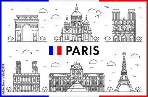 Paris, France. Eiffel Tower, Louvre Museum with Louvre Pyramid Notre Dame de Paris cathedral, Arc de Triomphe, Saint Sulpice Church, The Basilica of the Sacred Heart