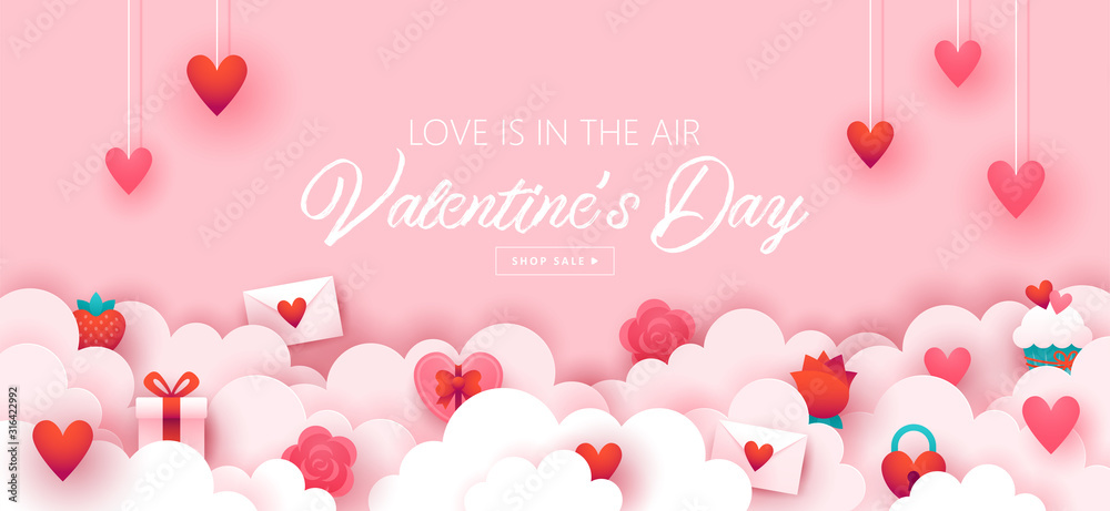 Valentines day holiday banner design with paper cut elements  background.