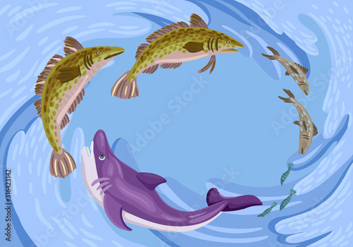Fish in the sea. Fish feed chain. Shark, perch and sardines. Vector illustration