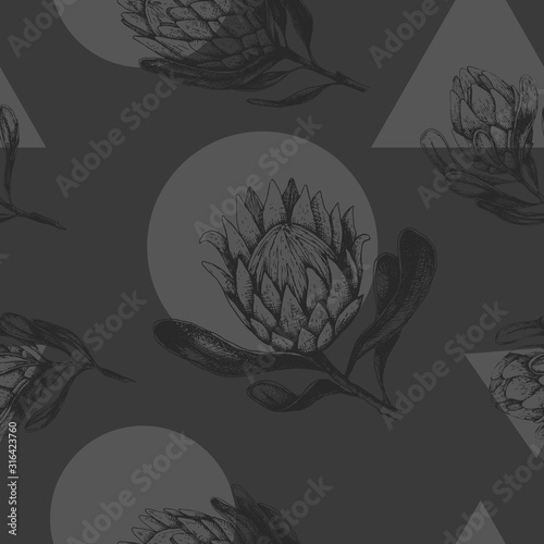Vector illustration  seamless pattern with large grey buds of a protea flower and geometric figure. Circle and triangle. Textiles, wallpaper, fabric, decoration bedroom and living room