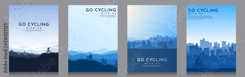 Mountain bike. Travel concept of discovering, exploring and observing nature. Cycling. Adventure tourism. Minimalist graphic poster. Polygonal flat design for cover, gift card, invitation, banner.
