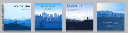 Mountain bike. Travel concept of discovering, exploring and observing nature. Cycling. Adventure tourism. Flat graphic polygonal landscape. Minimalist design for social media, poster, square banner