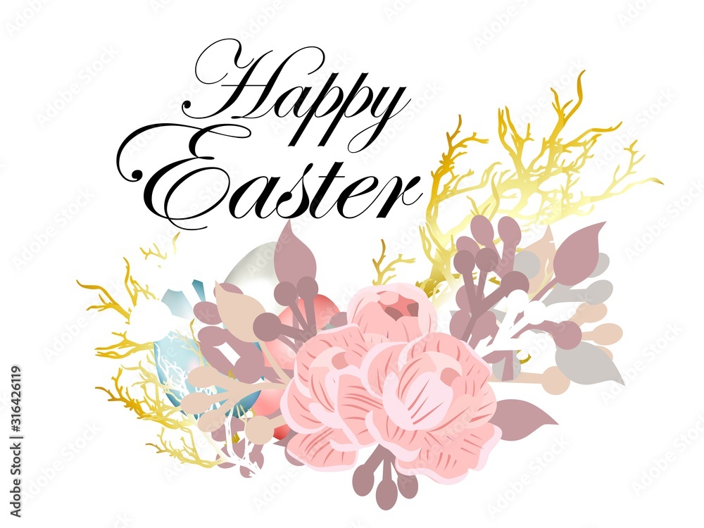 Spring card with place for text. Happy easter Easter background. A wreath of branches. Birdhouse. Golden bows and first flowers .Vector illustration isolated on white background..