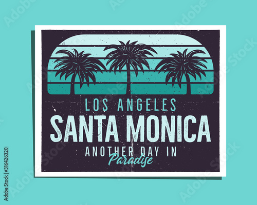 Santa Monica Beach Poster Graphic for T-Shirt, prints. Vintage Los Angeles hand drawn 90s style emblem. Retro summer travel paradise scene, unusual badge. Surfing Adventure Label. Stock .