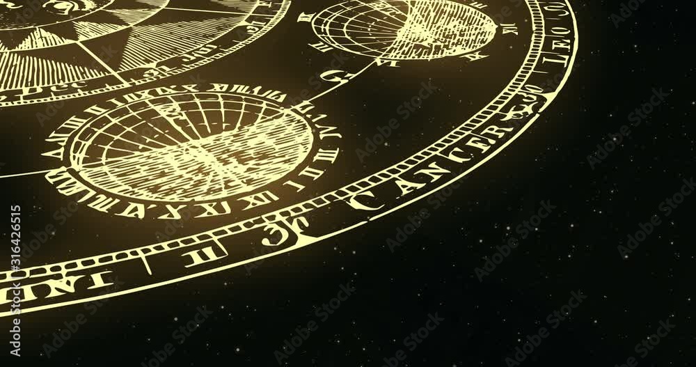 Ancient golden wheel  zodiac signs floating and spinning in space starry background  animation