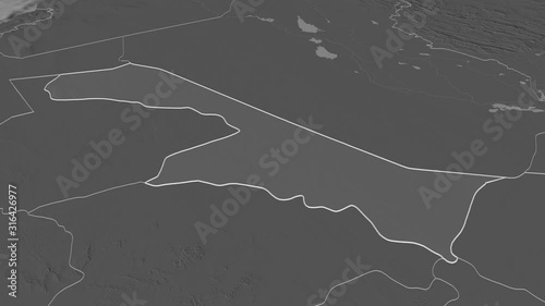 Al Hudud ash Shamaliyah, region with its capital, zoomed and extruded on the bilevel map of Saudi Arabia in the conformal Stereographic projection. Animation 3D photo