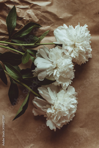 White peonies pattern on craft paper background with copy space, flat lay photo