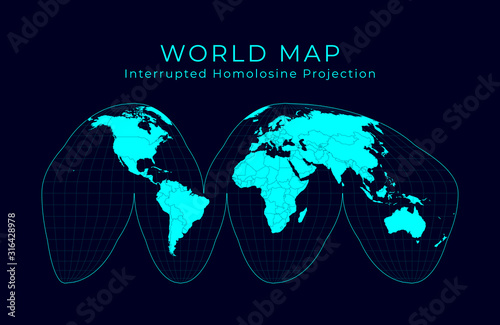 Map of the World. Goode's interrupted homolosine projection. Futuristic infographic world illustration. Bright cyan colors on dark background. Charming vector illustration.