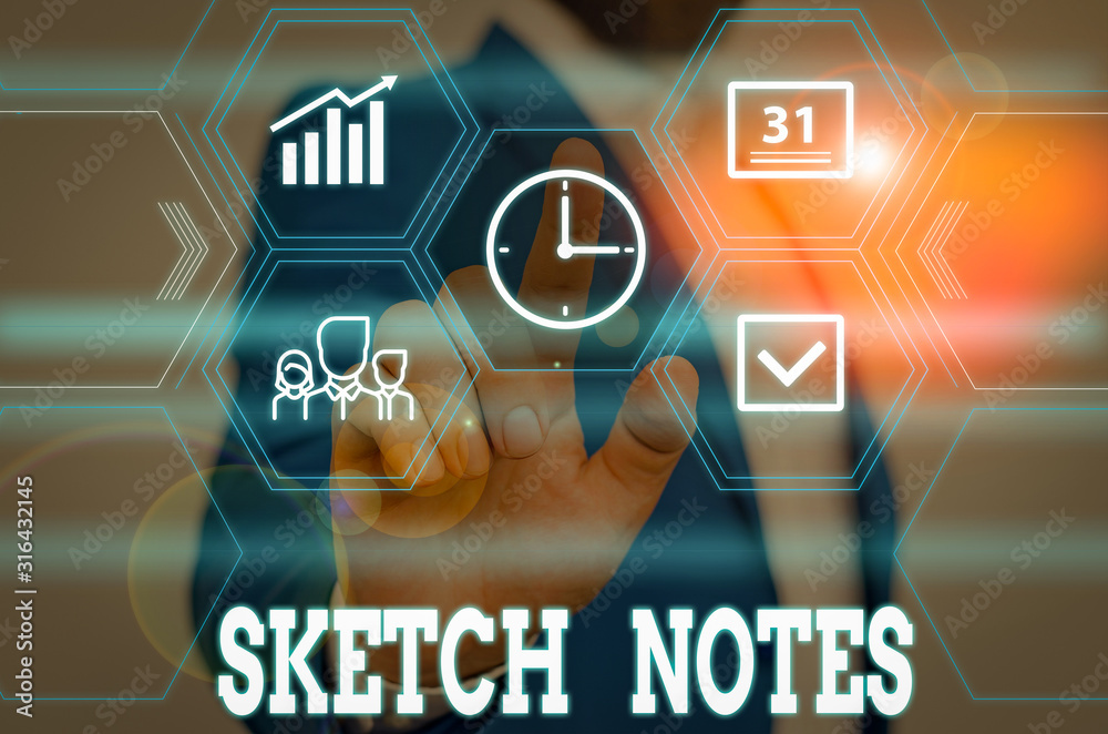 Writing note showing Sketch Notes. Business concept for visual notetaking Combination of notetaking and doodling Male wear formal work suit presenting presentation smart device - obrazy, fototapety, plakaty 