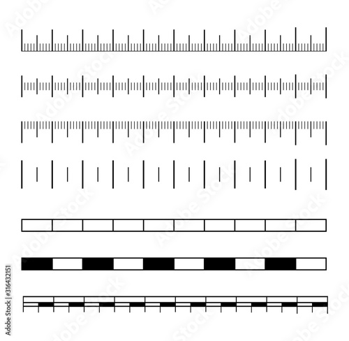 Set of size indicators with different unit distances. Measuring scale, markup for rulers. Vector illustration.