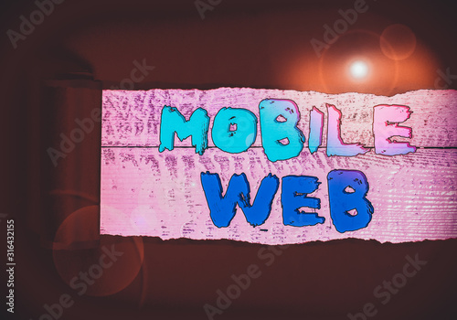 Word writing text Mobile Web. Business photo showcasing browserbased internet services accessed from handheld mobile Cardboard which is torn in the middle placed above a wooden classic table photo