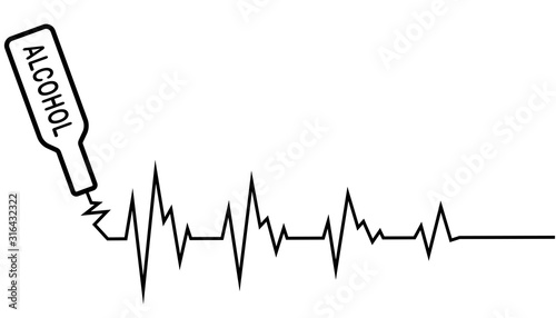 Bottle of alcohol and decaying cardiogram of the heart, concept of social problem of alcoholism